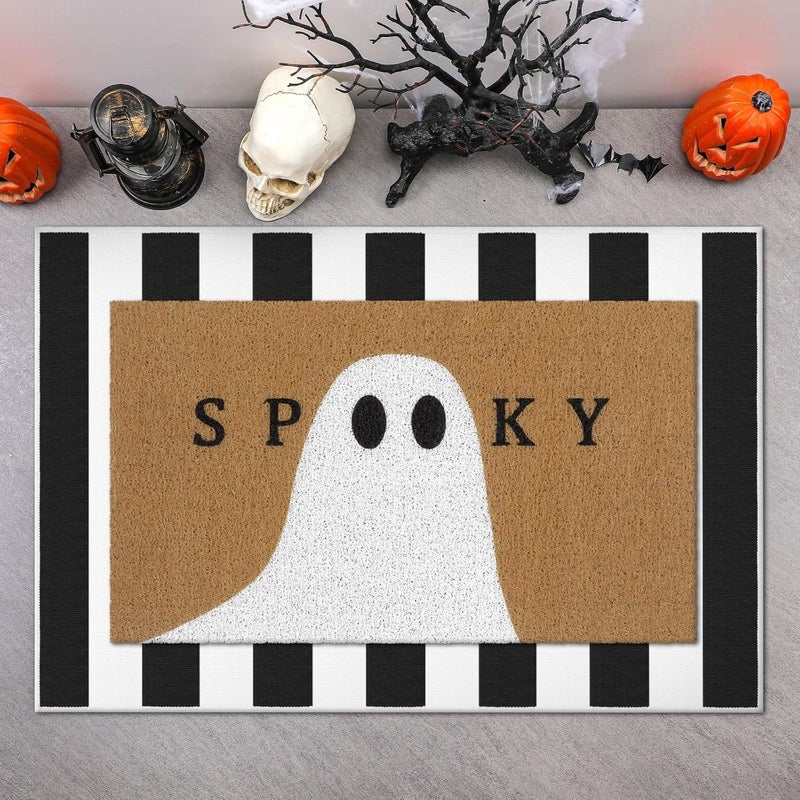 Tinideya 2 Pcs Halloween Doormat Spooky Ghost Outdoor Welcome Mats for Front Door Non Slip Ghost Coir Floor Mat Black White Stripe Halloween Rug for Outside Front Porch Entryway Decor - Image 1